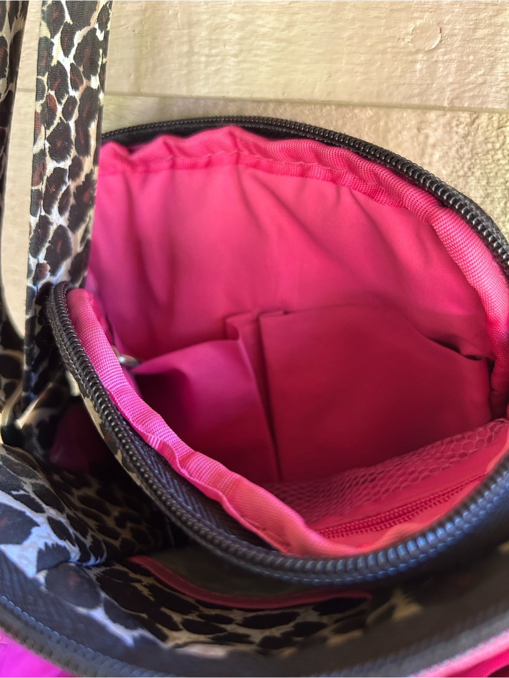 Travelon Leopard Print Crossbody Bag - Brown/Black pink lining. - Picture 5 of 8